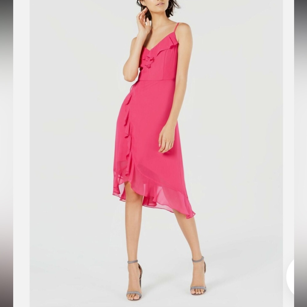 Kensie Womens Pink Ruffled Faux Wrap Midi Party Dress 2 BHFO 7074